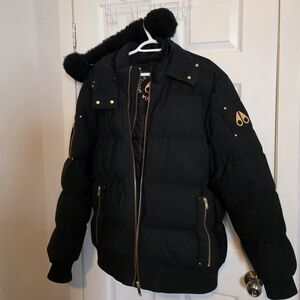 Moose Knuckles Black Puffer Coat with Gold Accents